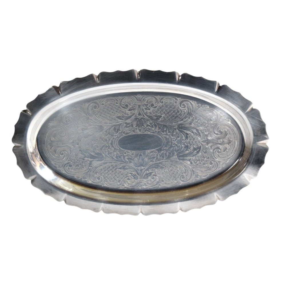 Vtg‎ Federal Silver Co Silverplate Oval Serving Tray Chased Etched Platter 9.5"